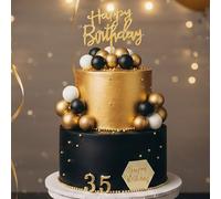 BondEron 48 Piece Cake Decoration Birthday Set Cake Topper Numbers 0-9 Gold Black White Balls Cake Decoration for Men Anniversary Wedding Party Decoration DIY Topper Mix