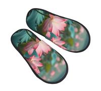 BONDIJ Furry Slippers For Women Men Lotus Plants Print Scuff Slippers Winter Plush Cute Slippers Cozy Indoor Slide, Black, M