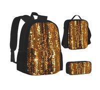 BONDIJ Gold Sequin Sparkle Backpacks for School with Lunch Box Pencil Case, Water Resistant Bag for Boys Girls Teacher Gifts