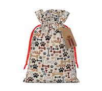Bone and paw print print Christmas bag, drawstring sack, with kraft paper label, lightweight and fashionable