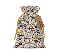 Bone and paw print print Christmas bag, drawstring sack, with kraft paper label, lightweight and fashionable