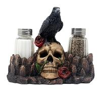 Bone Chilling Raven on Human Skull Salt and Pepper Shaker Set with Decorative Display Stand Figurine for Scary Halloween Decorations or Medieval & Gothic Kitchen Table Decor As Spooky Fantasy Gifts