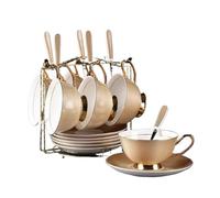 Bone China Coffee Cup Set Khaki Porcelain Afternoon Tea Cup Saucer Spoon Luxury Ceramic Mug Cafe Party Drinkware(6pc)