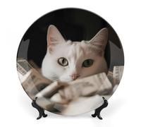 Bone China Decorative 8inch Ceramic Decorative Plate with Base White Cat And Pile of Dollars Print Personalized Round Dinner Plates Crafts Fine Bone China Collectable for Living Dining Room Kitchen Ho
