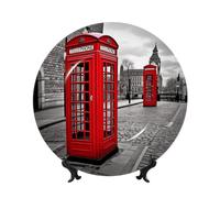 Bone China Decorative Plate 10in Ceramic Dinner Plates London Red Telephone Booth Decorative Plates with Display Stand Porcelain Plate Art Crafts Ceramic Ornaments for Home Office Wall Decor