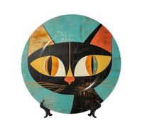 Bone China Decorative Plate 10in Ceramic Dinner Plates Mid-Century Modern Art Cat Decorative Plates with Display Stand Hanging Porcelain Plate Art Crafts Ceramic Ornaments for Home Office Wall Decor