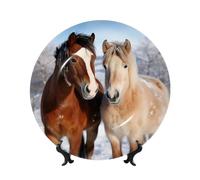 Bone China Decorative Plate 10in Ceramic Dinner Plates Two horses standing in the snow Decorative Plates with Display Stand Porcelain Plate Art Crafts Ceramic Ornaments for Home Office Wall Decor
