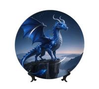 Bone China Decorative Plate 10in,Cool Blue Dragon Standing On The Cliff Edge Ceramic Decorative Plates With Display Stand,Handmade Ceramic Ornaments Wall Hanging Decoration For Home Office Decor