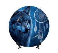 Bone China Decorative Plate 7in Ceramic Dinner Plates wolves and dream catchers Decorative Plates with Display Stand Hanging Porcelain Plate Art Crafts Ceramic Ornaments for Home Office Wall Decor