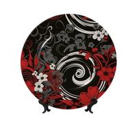 Bone China Decorative Plate 8in Ceramic Dinner Plates Black and Red Pattern Decorative Plates with Display Stand Hanging Porcelain Plate Art Crafts Ceramic Ornaments for Home Office Wall Decor