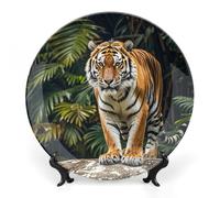 Bone China Decorative Plate 8inch Ceramic Dinner Plate Crafts Tiger on A Boulder in The Jungle Decorative Plates with Display Stand Hanging Porcelain Plate Round Dinner Plates for Home Office Hotel Wa