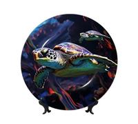 Bone China Decorative Plate Art Crafts Ceramic Decorative Plate With Display Stand Ceramic Ornament A colorful tropical sea turtle Round Dinner Plates Wall Hanging for Home Office Wall Decor 10in