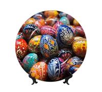 Bone China Decorative Plate Colorful Hand Painted Easter Eggs Ceramic Decorative Plate with Display Stand Round Dinner Plates 7in Hanging Ceramic Ornaments Art Crafts for Office Wall Home Decor