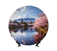 Bone China Decorative Plate Mount Fuji Cherry Blossom Trees Ceramic Decorative Plate with Display Stand Round Dinner Plates 6in Hanging Ceramic Ornaments Art Crafts for Office Wall Home Decor