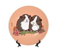 Bone China Decorative Plate Two Guinea Pigs Hanging Out Ceramic Decorative Plate with Display Stand Round Dinner Plates 7in Hanging Ceramic Ornaments Art Crafts for Office Wall Home Decor