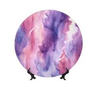 Bone China Decorative Plate with Display Stand, Abstract watercolor purple Ceramic Decorative Plate Personalized Ceramic Ornament Round Dinner Plates Art Crafts for Wall Hanging Decoration 10in