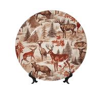 Bone China Decorative Plate with Display Stand, Animal Wilderness Bear Deer Ceramic Decorative Plate Personalized Ceramic Ornament Round Dinner Plates Art Crafts for Wall Hanging Decoration 7in