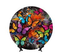 Bone China Decorative Plate with Display Stand, Art Graffiti Butterflies Print Ceramic Decorative Plate Personalized Ceramic Ornament Round Dinner Plates Art Crafts for Wall Hanging Decoration 7in