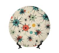 Bone China Decorative Plate with Display Stand, Atomic Stars Retro Pattern Ceramic Decorative Plate Personalized Ceramic Ornament Round Dinner Plates Art Crafts for Wall Hanging Decoration 7in