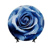 Bone China Decorative Plate with Display Stand, Beautiful Blue Rose Illustration Ceramic Decorative Plate Personalized Ceramic Ornament Round Dinner Plates Art Crafts for Wall Hanging Decoration 6in