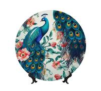 Bone China Decorative Plate with Display Stand, Beautiful Peacock Flowers Ceramic Decorative Plate Personalized Ceramic Ornament Round Dinner Plates Art Crafts for Wall Hanging Decoration 7in