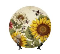Bone China Decorative Plate with Display Stand, Bees Sunflowers Daisy Rose Flowers Ceramic Decorative Plate Personalized Ceramic Ornament Round Dinner Plates Art Crafts for Wall Hanging Decoration 6in