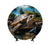 Bone China Decorative Plate with Display Stand, Big turtle and palm trees Ceramic Decorative Plate Personalized Ceramic Ornament Round Dinner Plates Art Crafts for Wall Hanging Decoration 10in