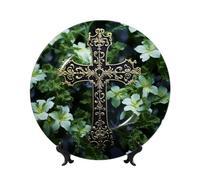 Bone China Decorative Plate with Display Stand, Black cross among green flowers Ceramic Decorative Plate Personalized Ceramic Ornament Round Dinner Plates Art Crafts for Wall Hanging Decoration 10in