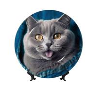 Bone China Decorative Plate with Display Stand, Blue cat sticking out tongue Ceramic Decorative Plate Personalized Ceramic Ornament Round Dinner Plates Art Crafts for Wall Hanging Decoration 7in