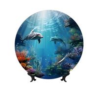 Bone China Decorative Plate with Display Stand, Blue Ocean Underwater Fish Ceramic Decorative Plate Personalized Ceramic Ornament Round Dinner Plates Art Crafts for Wall Hanging Decoration 10in