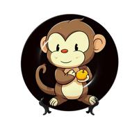 Bone China Decorative Plate with Display Stand, Cartoon monkey holding fruit Ceramic Decorative Plate Personalized Ceramic Ornament Round Dinner Plates Art Crafts for Wall Hanging Decoration 10in