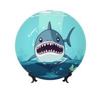 Bone China Decorative Plate with Display Stand, Cartoon shark floating in water Ceramic Decorative Plate Personalized Ceramic Ornament Round Dinner Plates Art Crafts for Wall Hanging Decoration 10in