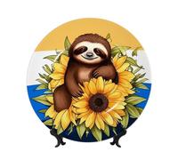 Bone China Decorative Plate with Display Stand, Cartoon sloth sitting on sunflower Ceramic Decorative Plate Personalized Ceramic Ornament Round Dinner Plates Art Crafts for Wall Hanging Decoration 8in