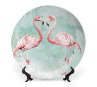 Bone China Decorative Plate with Display Stand Ceramic Decorative Plate Two Peach Flamingos Ceramic Ornament Plates Personality Ceramic Dinner Plate Crafts Decorative Plates for Home Club