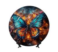 Bone China Decorative Plate with Display Stand, Color butterfly background Ceramic Decorative Plate Personalized Ceramic Ornament Round Dinner Plates Art Crafts for Wall Hanging Decoration 6in