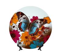 Bone China Decorative Plate with Display Stand, Colorful Flower Butterfly Ceramic Decorative Plate Personalized Ceramic Ornament Round Dinner Plates Art Crafts for Wall Hanging Decoration 6in
