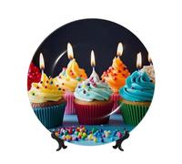 Bone China Decorative Plate with Display Stand, Colorful Happy Birthday Cupcakes Ceramic Decorative Plate Personalized Ceramic Ornament Round Dinner Plates Art Crafts for Wall Hanging Decoration 8in