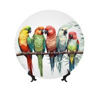 Bone China Decorative Plate with Display Stand, Colorful Parrots On Tree Ceramic Decorative Plate Personalized Ceramic Ornament Round Dinner Plates Art Crafts for Wall Hanging Decoration 10in