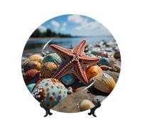 Bone China Decorative Plate with Display Stand, Colorful starfish on the beach Ceramic Decorative Plate Personalized Ceramic Ornament Round Dinner Plates Art Crafts for Wall Hanging Decoration 7in