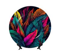 Bone China Decorative Plate with Display Stand, Colorful tropical leaves pattern Ceramic Decorative Plate Personalized Ceramic Ornament Round Dinner Plates Art Crafts for Wall Hanging Decoration 6in