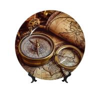 Bone China Decorative Plate with Display Stand, Compass and Old World Map Ceramic Decorative Plate Personalized Ceramic Ornament Round Dinner Plates Art Crafts for Wall Hanging Decoration 6in