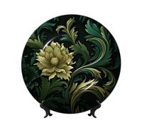 Bone China Decorative Plate with Display Stand, Dark green and green style Ceramic Decorative Plate Personalized Ceramic Ornament Round Dinner Plates Art Crafts for Wall Hanging Decoration 6in
