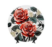 Bone China Decorative Plate with Display Stand, Floral Rose Ivy with Leaves Spring Ceramic Decorative Plate Personalized Ceramic Ornament Round Dinner Plates Art Crafts for Wall Hanging Decoration 7in