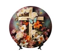 Bone China Decorative Plate with Display Stand, Flower branches on the cross Ceramic Decorative Plate Personalized Ceramic Ornament Round Dinner Plates Art Crafts for Wall Hanging Decoration 10in