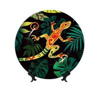 Bone China Decorative Plate with Display Stand, Gecko and tropical leaves Ceramic Decorative Plate Personalized Ceramic Ornament Round Dinner Plates Art Crafts for Wall Hanging Decoration 7in
