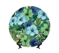 Bone China Decorative Plate with Display Stand, Green and blue hibiscus flowers Ceramic Decorative Plate Personalized Ceramic Ornament Round Dinner Plates Art Crafts for Wall Hanging Decoration 7in