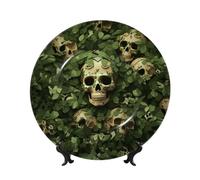 Bone China Decorative Plate with Display Stand, Green background skull and leaves Ceramic Decorative Plate Personalized Ceramic Ornament Round Dinner Plates Art Crafts for Wall Hanging Decoration 7in