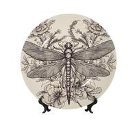 Bone China Decorative Plate with Display Stand, Hand drawn floral dragonfly Ceramic Decorative Plate Personalized Ceramic Ornament Round Dinner Plates Art Crafts for Wall Hanging Decoration 10in