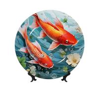 Bone China Decorative Plate with Display Stand, Japanese Pretty Red carp Fish Ceramic Decorative Plate Personalized Ceramic Ornament Round Dinner Plates Art Crafts for Wall Hanging Decoration 10in
