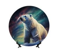 Bone China Decorative Plate with Display Stand, Northern Lights Polar Bear Ceramic Decorative Plate Personalized Ceramic Ornament Round Dinner Plates Art Crafts for Wall Hanging Decoration 7in